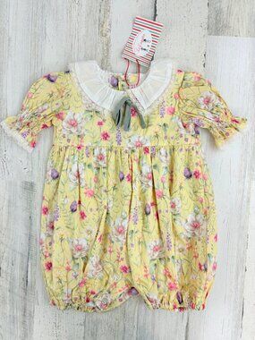 La Coqueta Yellow Floral Eloisa Baby Girl Romper 12 M NWT
